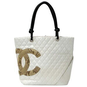 CHANEL Cambon Tote Bag Leather Python White Beige Coco Mark Quilted Matelasse